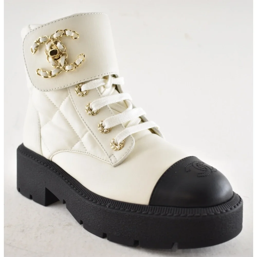Chanel 24B White Quilt Gold CC Chain Combat Black Platform Ankle Short Boots 37c - Picture 5 of 16